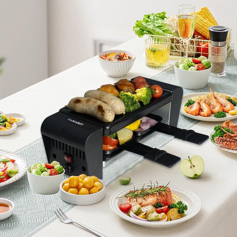 Tamarit Raclette Grill for 2 Person, Compact Indoor Electric Korean BBQ 450W Portable Tabletop Grill with Non-Stick Iron Plate and 2 Cheese Pans Ideal for Small Kitchen or Apartment, Black Small - Image 3